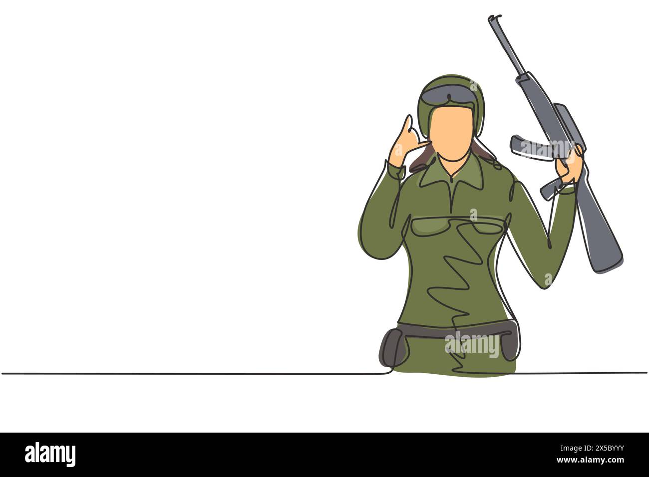 Eine einzelne durchgehende Linie zeichnet eine Soldatinnen mit Call Me Geste, Waffe und Uniform ist bereit, das Land auf dem Schlachtfeld gegen Feinde zu verteidigen. Dynami Stock Vektor