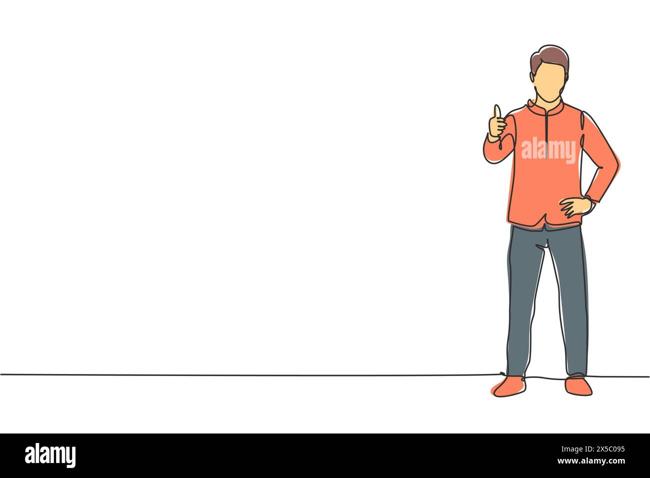 Eine einzige Zeilenzeichnung des Türstehers stand mit einer Hand auf der Taille, die andere mit einer Daumen-nach-oben-Geste. Arbeiten mit großartiger Gastfreundschaft. Kontin Stock Vektor