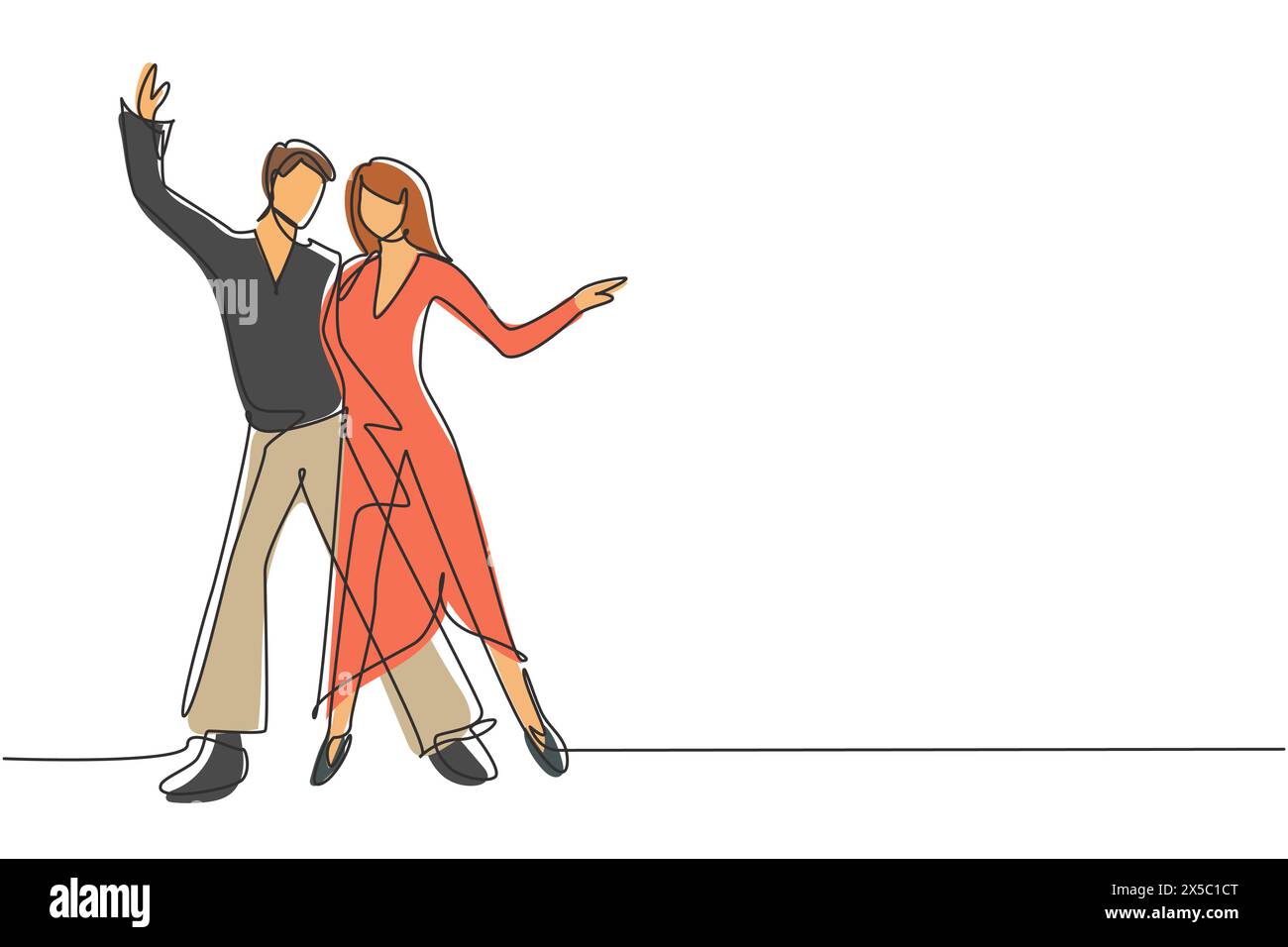 Ein einzeiliger Zeichner Mann und Frau professionelles Tänzerpaar tanzt Tango, Walzertänze auf Tanzfläche. Nachtparty. Moderne Verbindung Stock Vektor