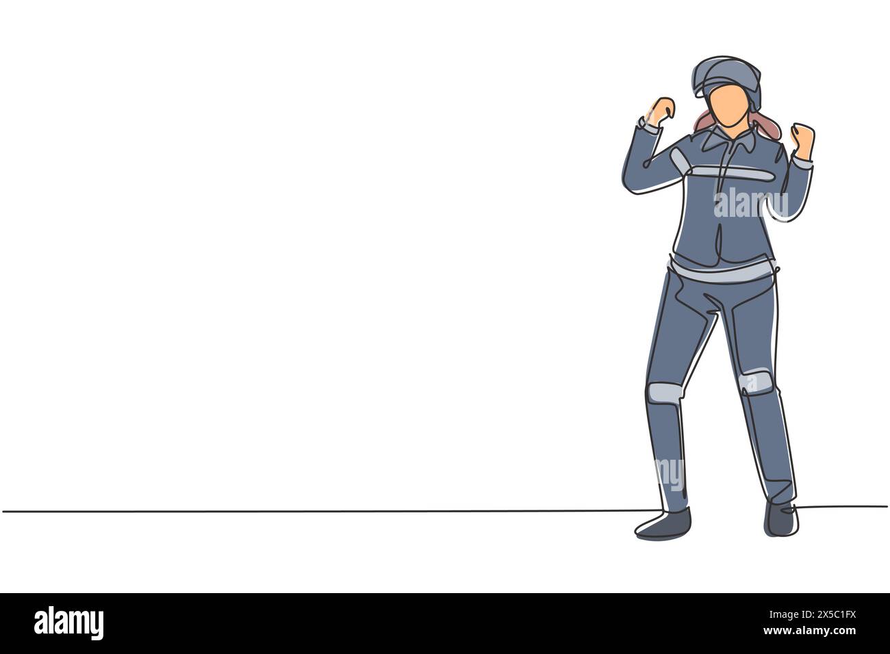 Einzelne durchgehende Linienzeichnung weibliche Feuerwehr stand mit Feiern Geste, trug Helm und einheitliche Arbeit, um Feuer im Gebäude zu löschen. Dynami Stock Vektor