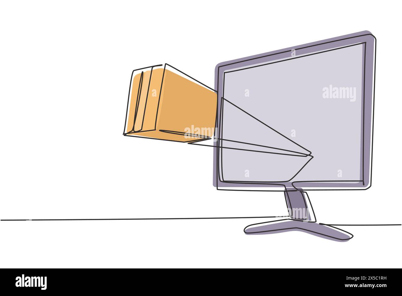 Paket mit einer einzelnen einzeiligen Zeichnung außerhalb des Monitorbildschirms. Web-Konzept für die Online-Bereitstellung. Schnelle Reaktion und Paketversand an den Kunden. Moderner Continuo Stock Vektor