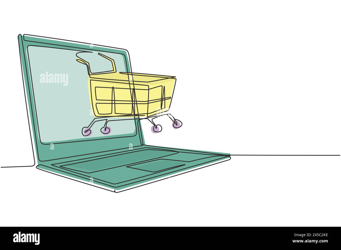 Eine durchgehende Zeilenzeichnung des Warenkorbs aus dem Laptop. Verkauf, digitaler Lebensstil, Konsum und Menschenkonzept. E-Commerce und digitales Marketing. Stock Vektor