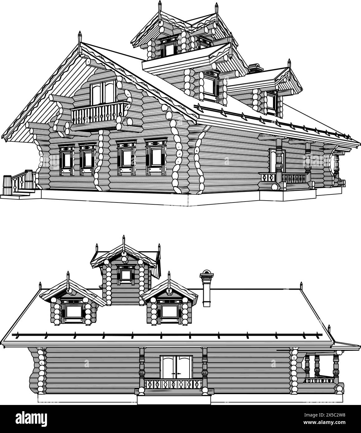 Holzhaus Aus Baumstämmen Vektor. Holzbau Konstruktion Struktur Illustration Isoliert Auf Weißem Hintergrund. Stock Vektor