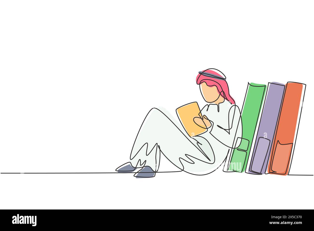 Einzelne durchgehende Linie, die junge arabische männliche Leser, Lernen und Rückenlehne auf einem Stapel großer Bücher zeichnet. Zu Hause lernen. Intelligenter Schüler, Bildung. Dynami Stock Vektor