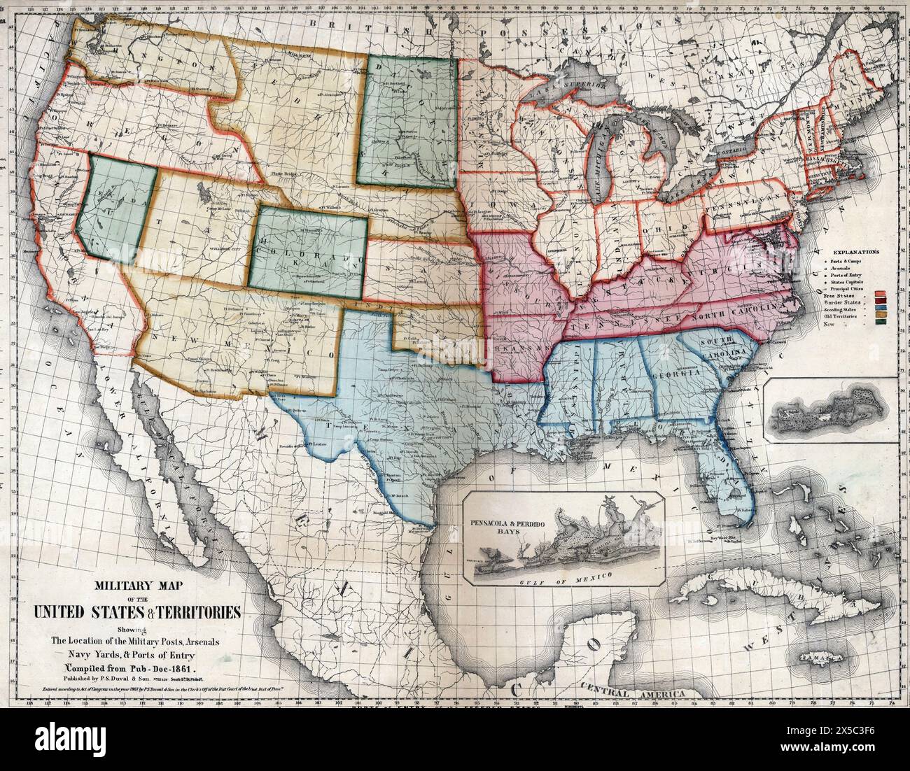 Militärkarte der Vereinigten Staaten und Territorien mit der Position der Militärposten, Arsenale, Navy Yards und Eingangshäfen, 1861 Stockfoto