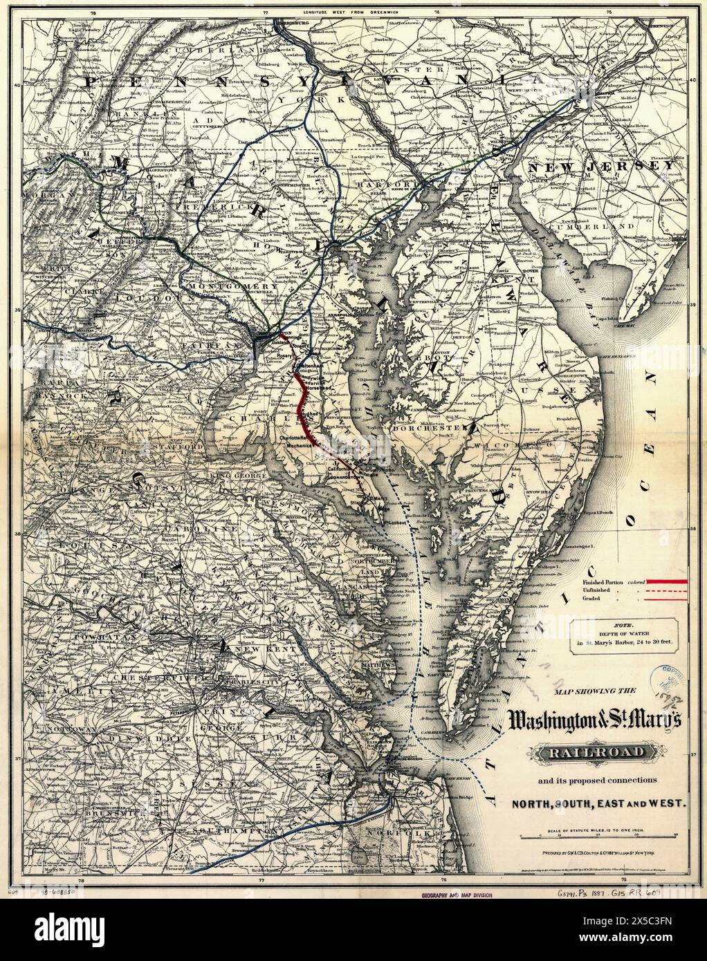 Karte mit der Washington & St. Mary's Railroad und ihren geplanten Verbindungen nach Norden, Süden, Osten und Westen. staaten des Mittleren Atlantiks, die durch Hachuren, Entwässerung, Grafschaften, Städte, Straßen, und Eisenbahnen mit den Hauptlinien betont, 1887 Stockfoto