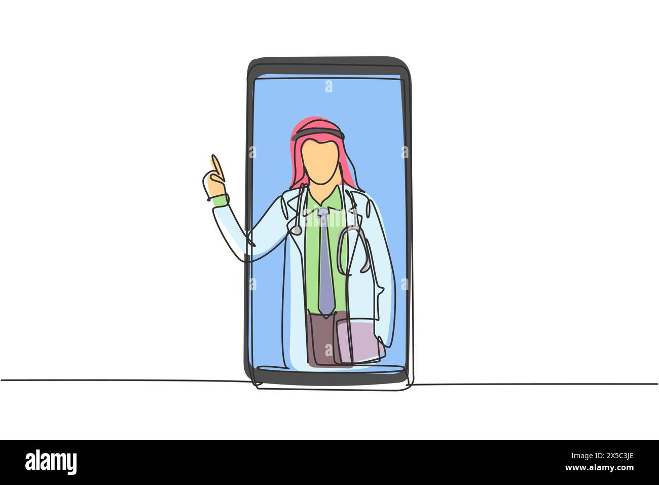 Eine einzige Linie Zeichnung arabischer männlicher Arzt kommt aus dem Smartphone-Bildschirm, während er Infektionskrankheiten erklärt. Online-medizinisches Konzept. Modernes Kontinuum Stock Vektor