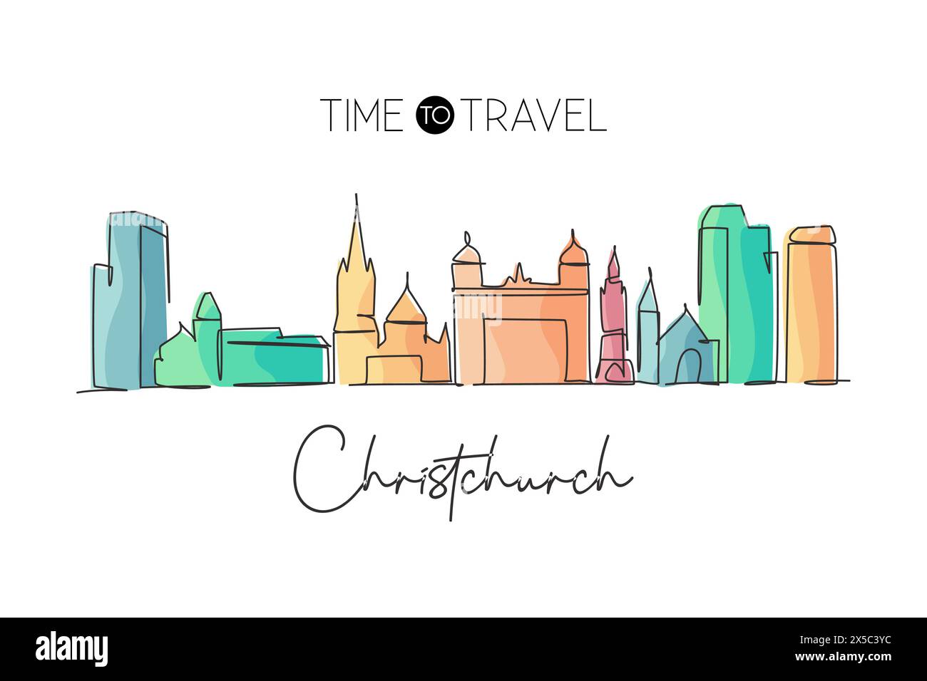 Eine einzige Linie zeichnet die Skyline von Christchurch, Neuseeland. Welthistorische Stadtlandschaftsgalerie. Bester Postkartendruck für Urlaubsziele. Tren Stock Vektor