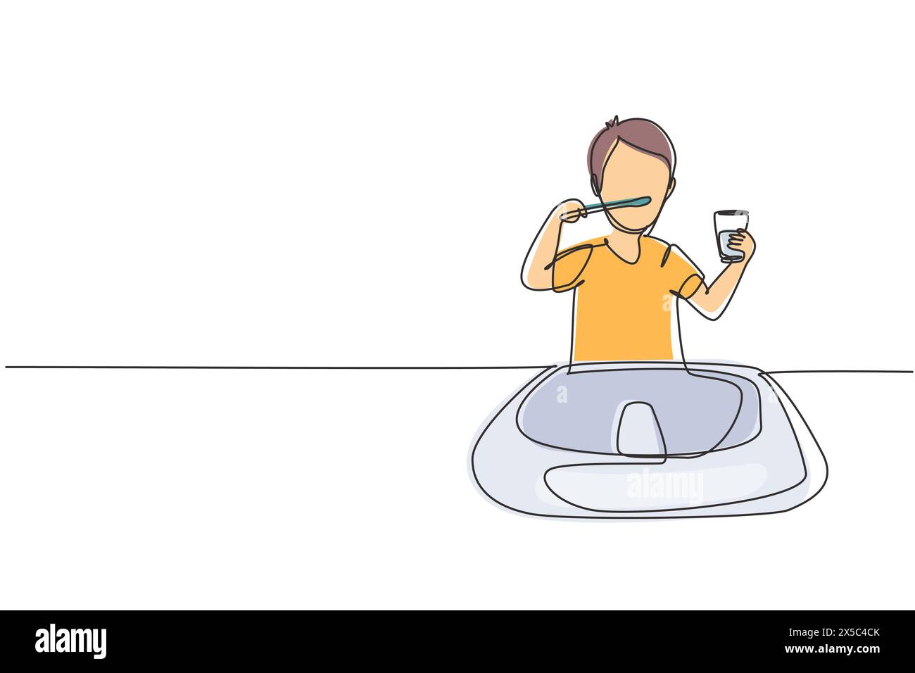 Ein durchgehender, einzeiliger Junge, der seine Zähne im Waschbecken putzt. Routinegewohnheiten jeden Morgen für Sauberkeit, Gesundheit und Frische von Mund und Zähnen. Si Stock Vektor