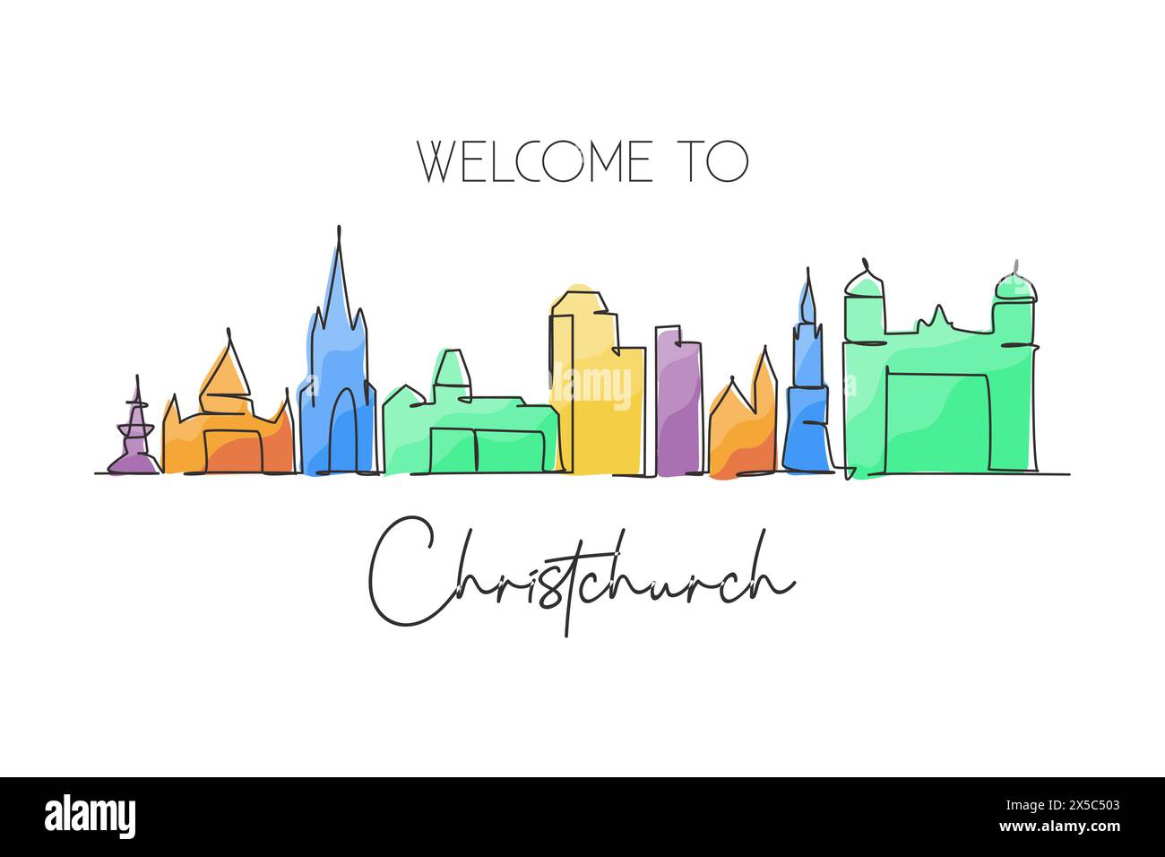 Einzelne durchgehende Linie, die die Skyline von Christchurch in Neuseeland zeichnet. Berühmte Stadt-Kratzer-Landschaft. World Travel Home Wanddekor Kunstdruck Konzept Stock Vektor