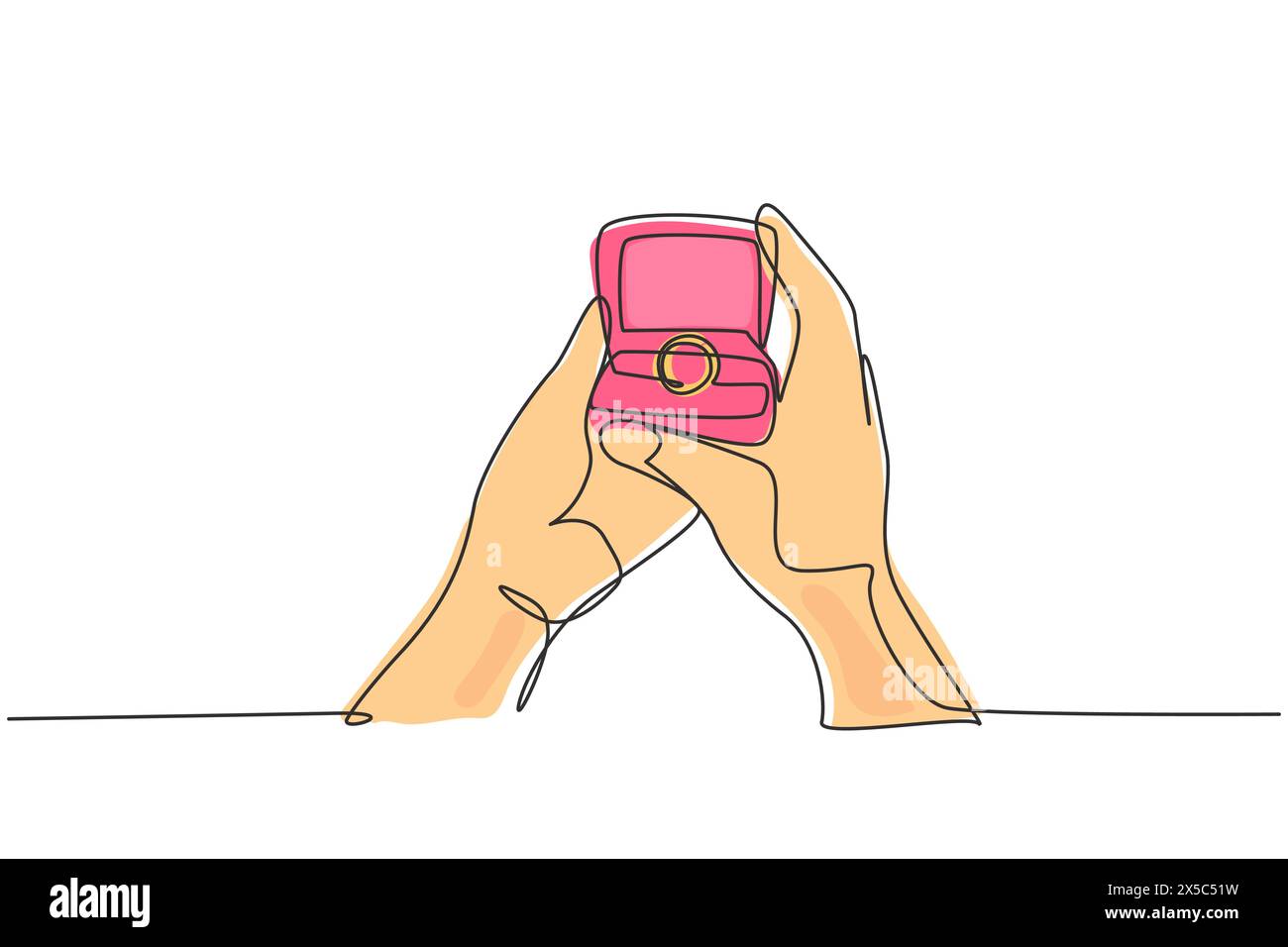 Einfache durchgehende Linienzeichnung, weibliche Hand, die rote Box mit Goldring hält. Das Geschenk des Bräutigams für die Braut an ihrem besonderen Tag. Hochzeitsfeier. Dynamisch Stock Vektor