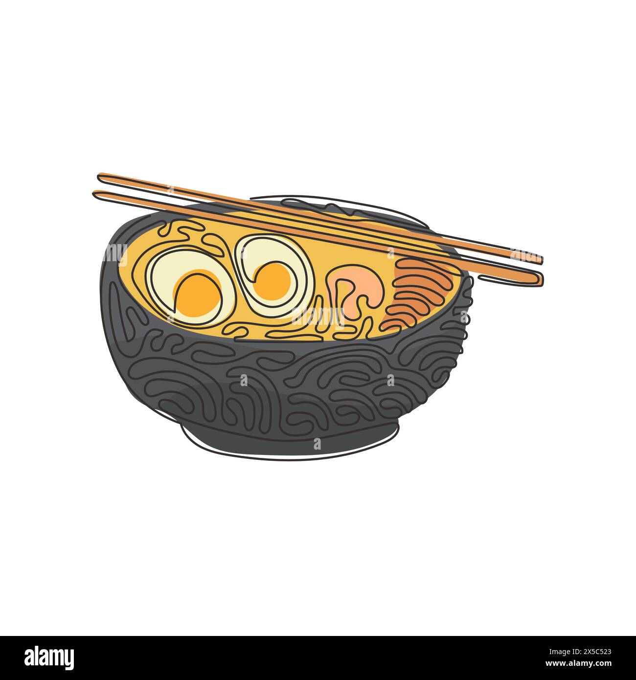 Eine durchgehende Linie mit japanischen Ramen-Nudeln mit verschiedenen Belägen in der Schüssel. Traditionelle asiatische Nudelsuppe. Wirbelnde Lockenform. Dynamisches Modell Stock Vektor
