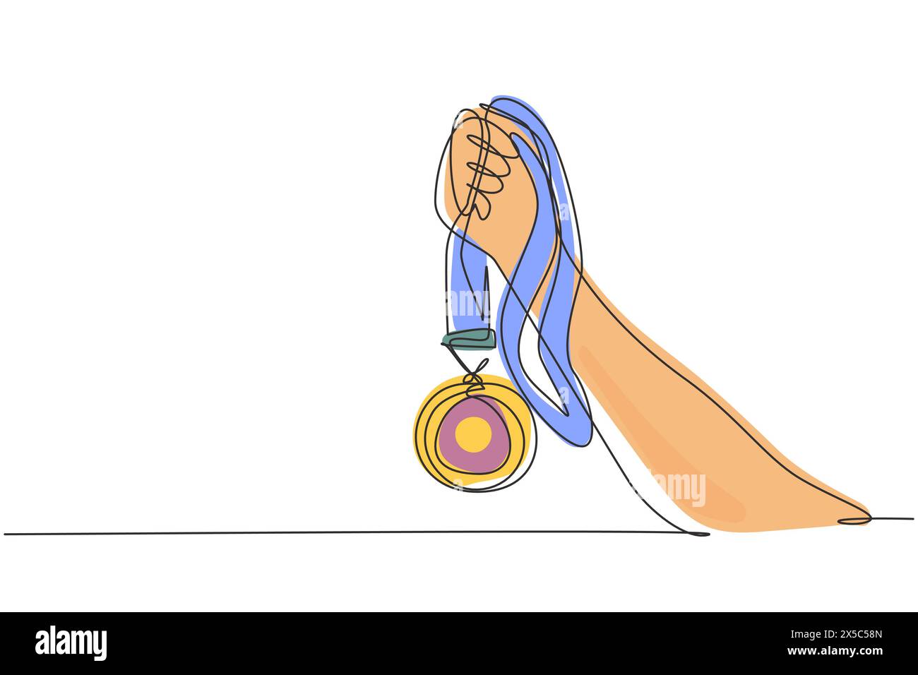 Eine einzige Linie, die Goldmedaille zieht, die von einer Hand gehalten wird. Symbol für Siege von Meisterschaften, Spielen und Sportwettbewerben. Beste Leistung aller Zeiten. Continuo Stock Vektor