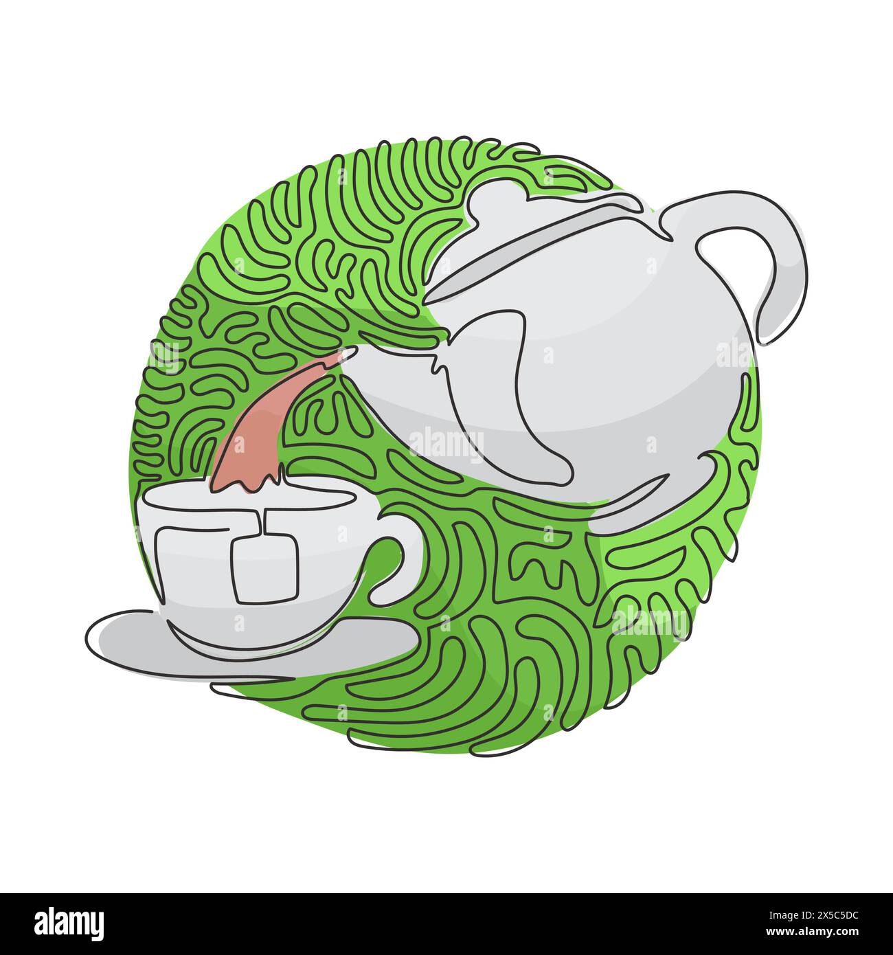 Eine durchgehende, einzeilige Teekanne zum Trinken von Tee gießt heißes Wasser in eine Tasse. Frühstücksutensilien. Schwarz-weiß. Hintergrundstil mit kreisenden Wellen. Stock Vektor