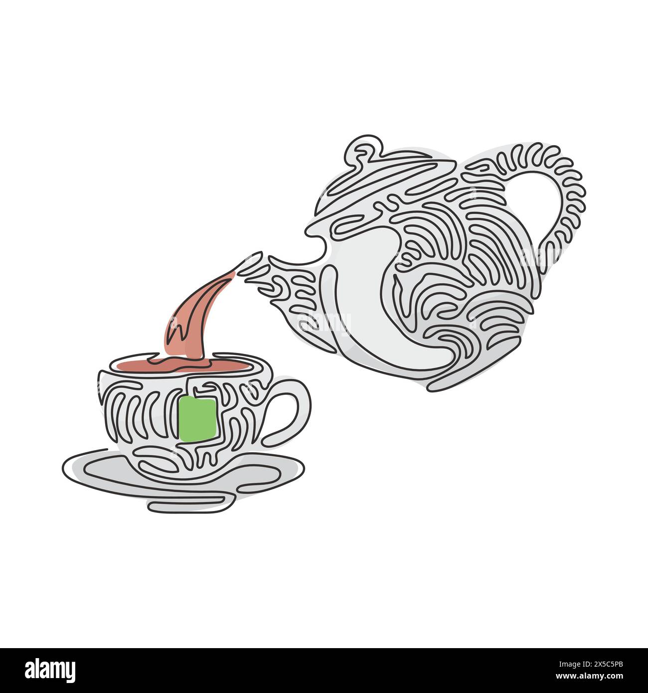 Eine einzelne, durchgehende Teekanne zum Trinken von Tee gießt heißes Wasser in eine Tasse. Frühstücksutensilien. Schwarz-weiß-Vektor. Wirbelnde Lockenform. Dynamisch Stock Vektor