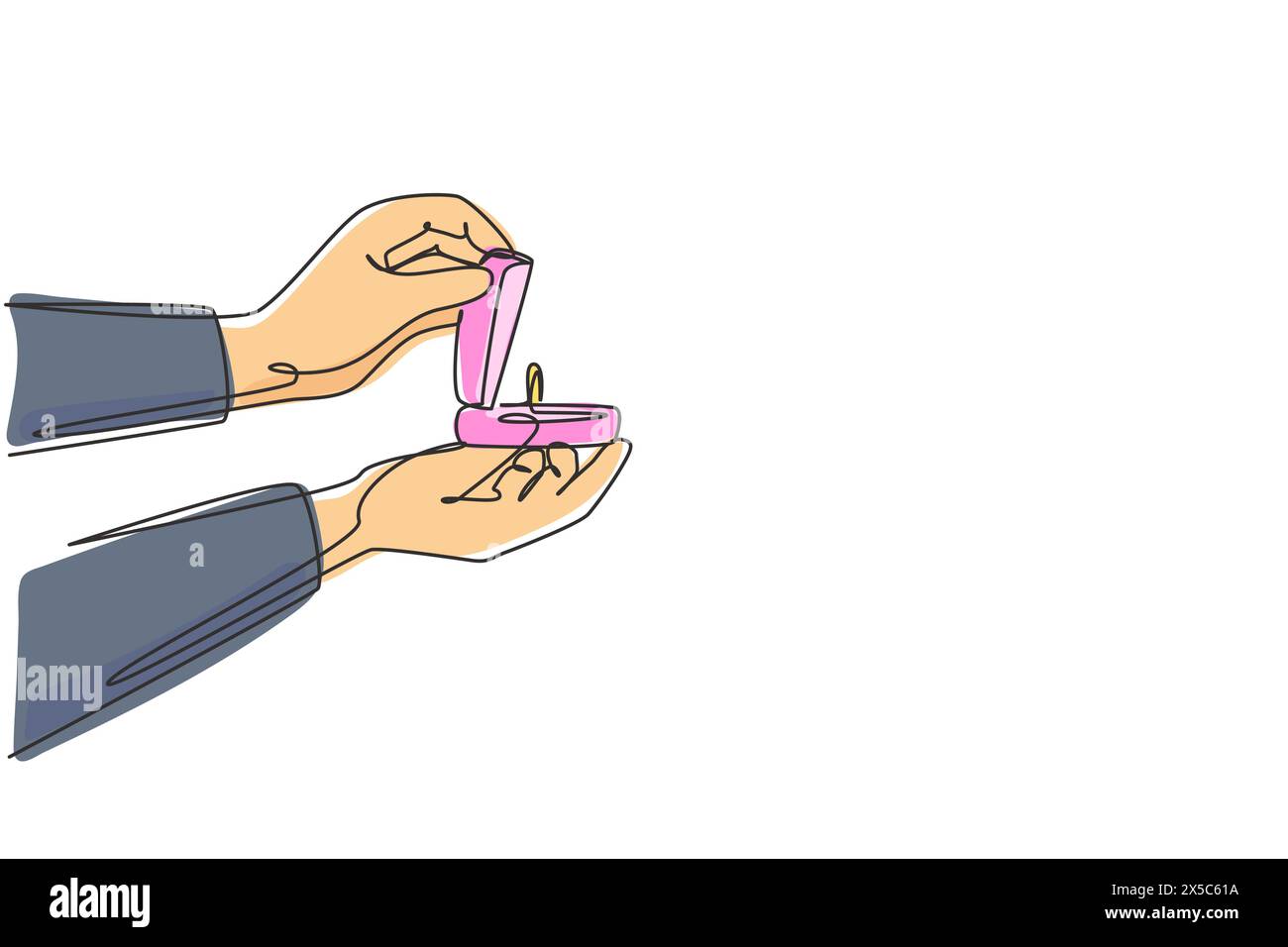 Einfache, durchgehende Linienzeichnung, die Hand hält, rote Samtbox für Ring. Das Geschenk des Bräutigams für die Braut an ihrem besonderen Tag. Trauungsfeier. Dynam Stock Vektor