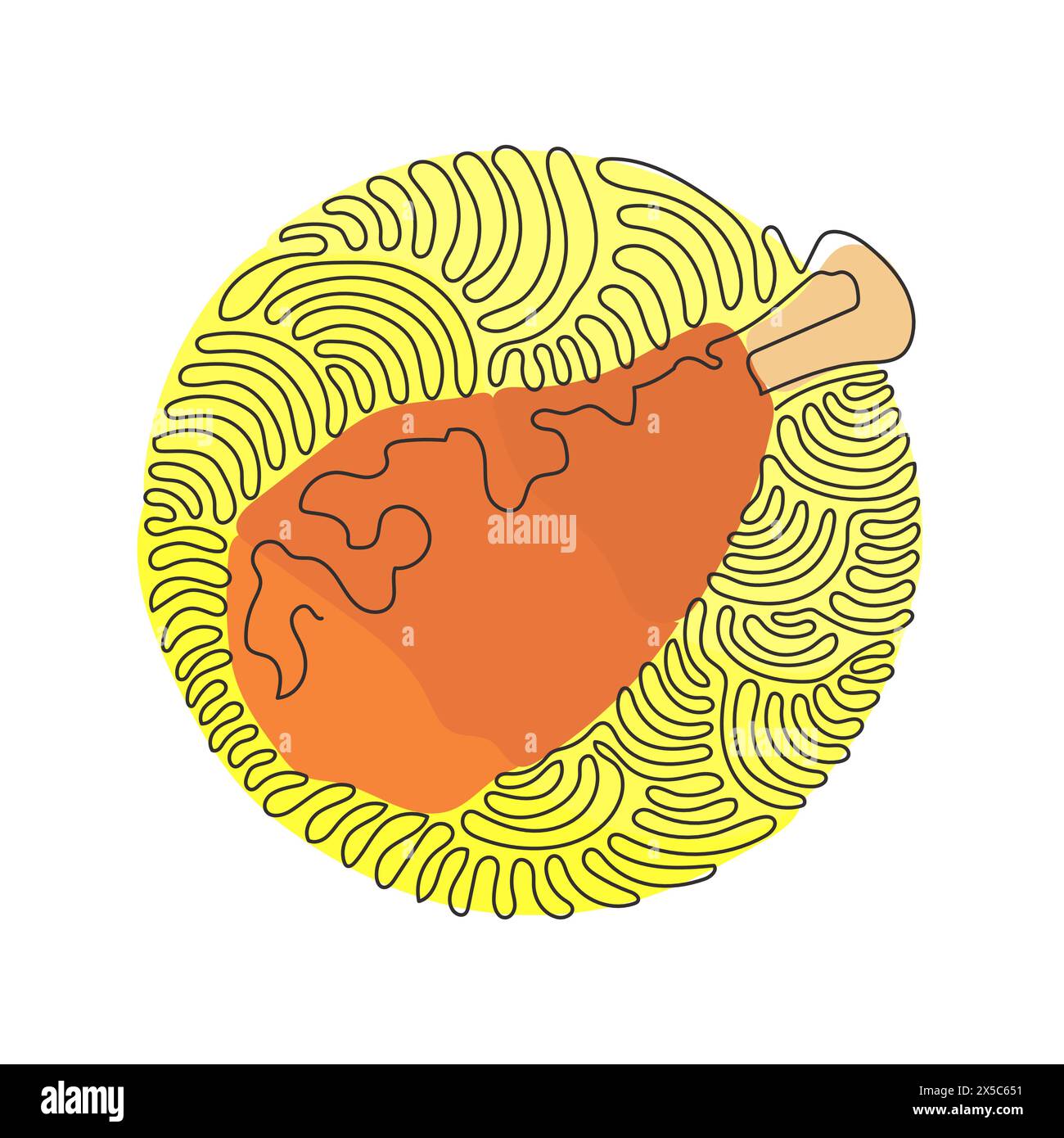Durchgehende, einzeilige Zeichnung köstliches knuspriges, frittiertes Hähnchenpfannenstück, Fast-Food-Menüobjekt. Gebratene Hähnchenschenkel. Hintergrundstil mit kreisenden Wellen. Sünde Stock Vektor