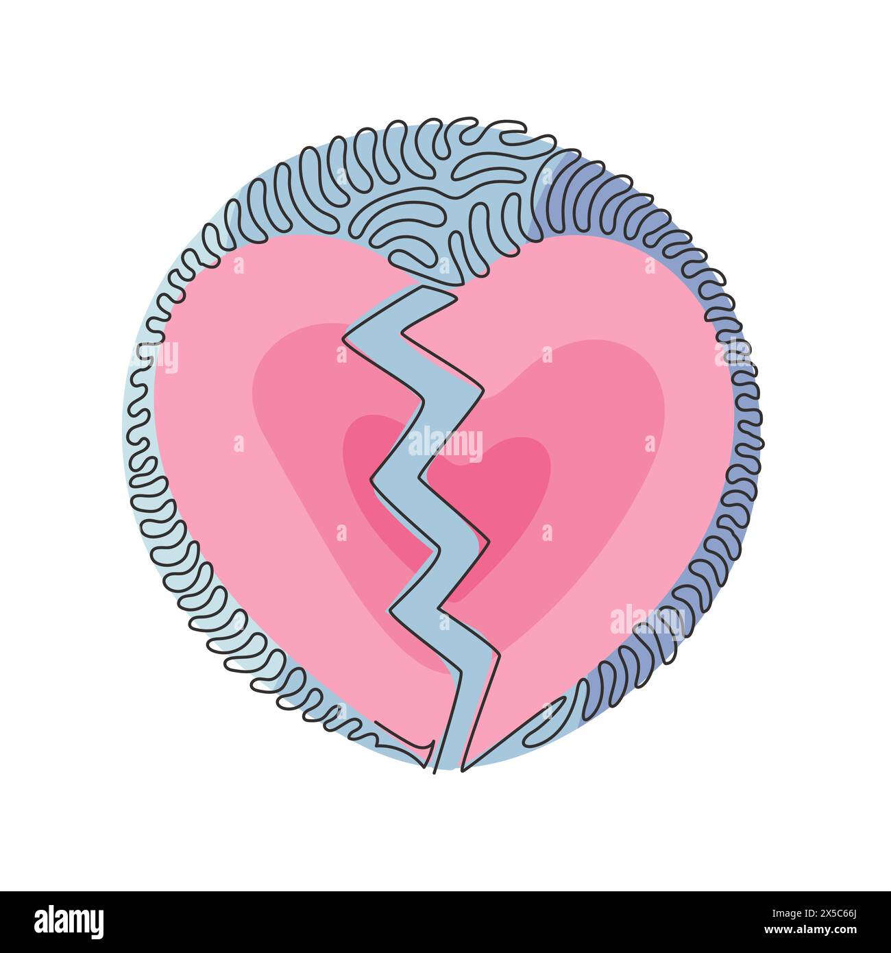 Einzelne durchgehende Linienzeichnung Love Shape in zwei Teile gebrochen. Emoji von Herzbruch, gebrochenem Herzen oder Scheidungssymbol. Hintergrundstil mit kreisenden Wellen. Dynami Stock Vektor