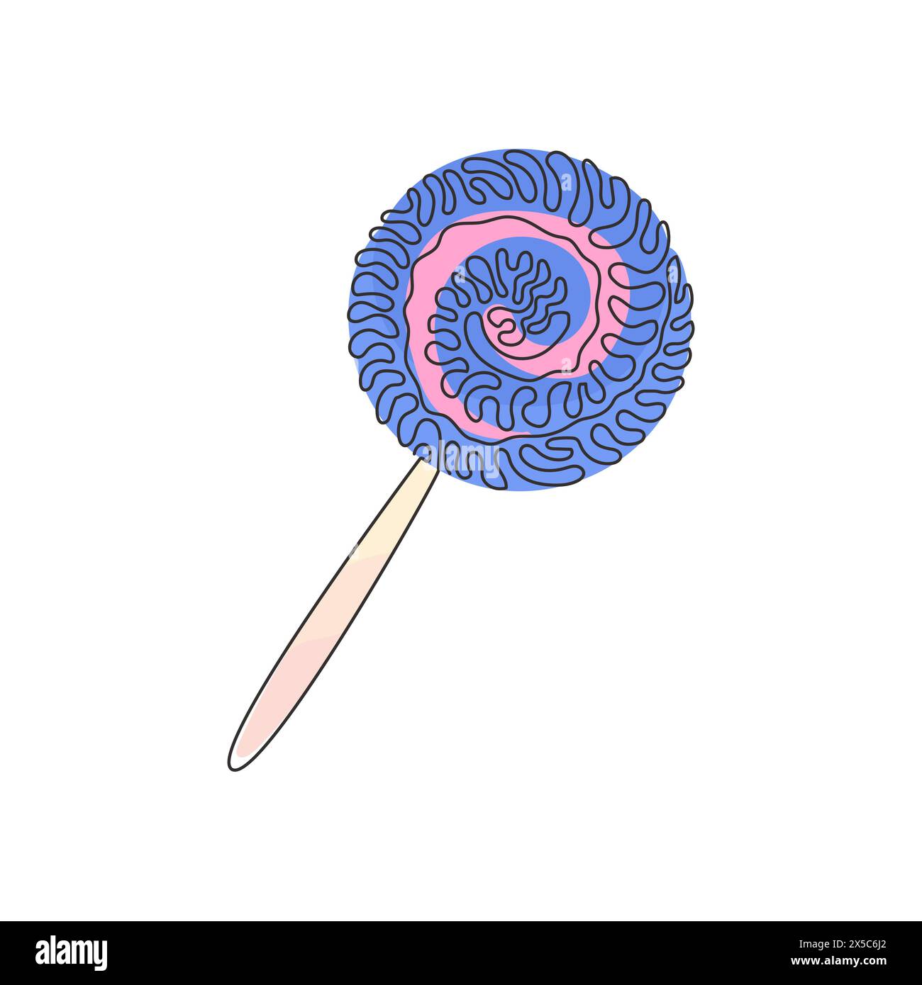 Einzelne durchgehende Linienzeichnung wirbelt Lollipops. Farbige Zuckerbonbons zum Nachtisch. Süße Süßigkeiten am Stock mit verdrehtem Design. Wirbelnde Lockenform. Dynamisch Stock Vektor