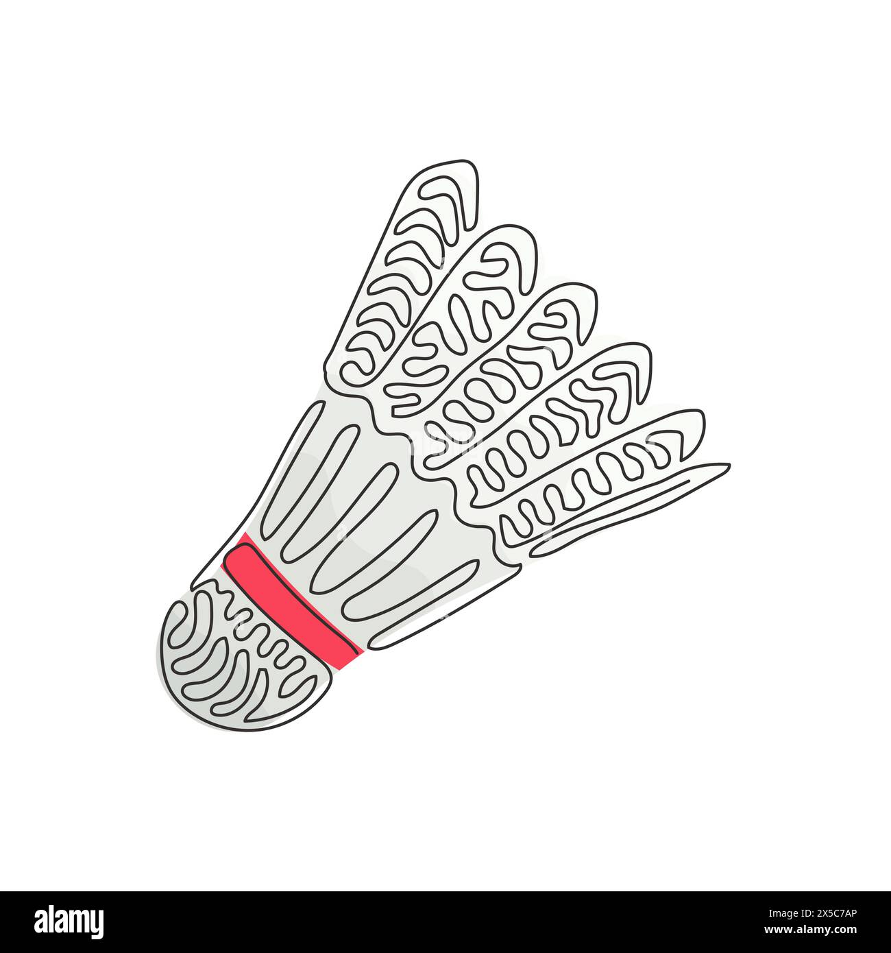 Einzelne durchgehende Linienzeichnung Shuttlecock Badminton. Sportausrüstung, Wettkämpfe, Hobbys. Standard der Olympischen Spiele. Wirbelnde Lockenform. Dynamisch ein Stock Vektor