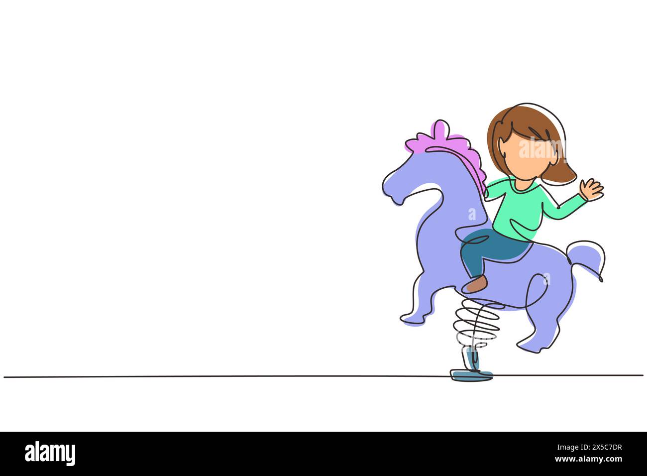 Eine einzige Linie zeichnet ein kleines Mädchen, das auf dem Spielplatz im Park reiten kann. Kinder reiten Spielzeug Pferde schaukeln. Glückliches Mädchen, das auf einem Pferd reitet und Wippe schwingt. Forts Stock Vektor