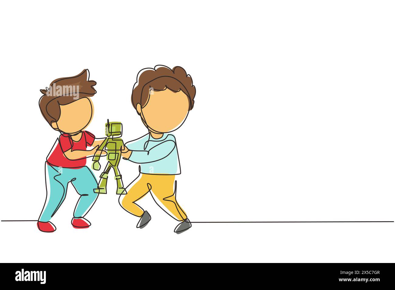 Eine durchgehende Linie, die zwei kleine Jungs zieht, die um ein Roboterspielzeug kämpfen. Konflikt zwischen Kindern. Kinder, die im Spielzimmer wegen der Puppe kämpfen Stock Vektor