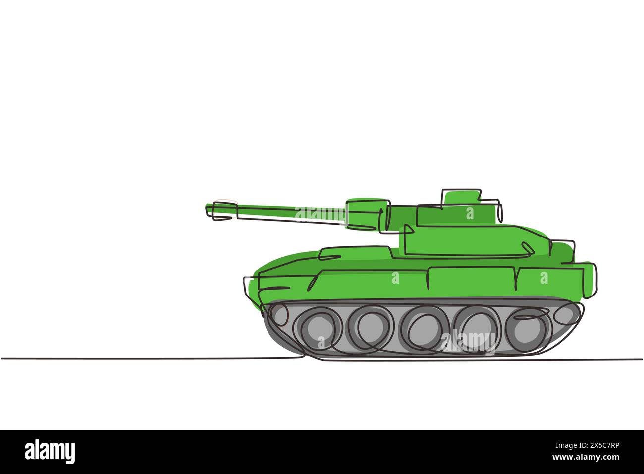 Eine einzelne Linie zeichnet Kampfpanzer für Kinder. Grüner Panzer, gepanzerte Kampffahrzeuge. Militärische Transporteinheit. Kinderspielzeug Unterhaltung. Kontinuierlich Stock Vektor