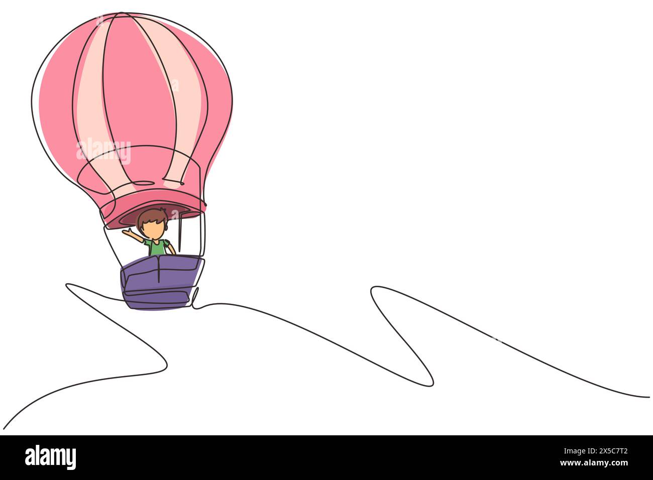 Eine einzige Linie, die einen kleinen Jungen im Heißluftballon am Himmel zeigt. Glückliche Kinder, die im Heißluftballon fahren. Kinder im Heißluftballon Abenteuer. Konti Stock Vektor