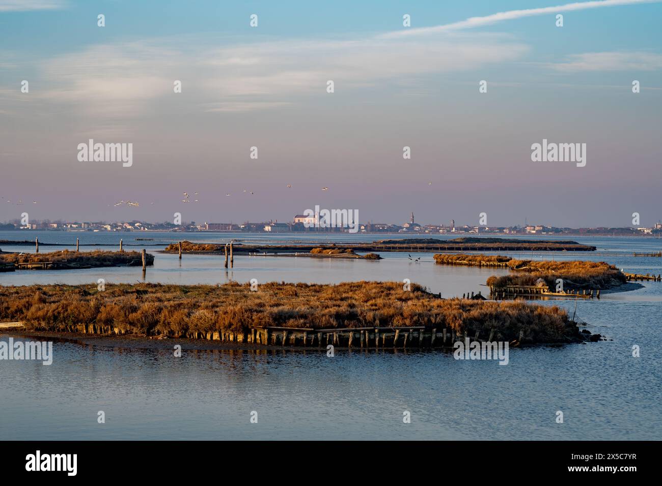 Regionaler Park des Po River Delta. Die Täler und die kleine Stadt Comacchio an einem hellen Wintertag; Provinz Ferrara, Emilia-Romagna, Italien Stockfoto