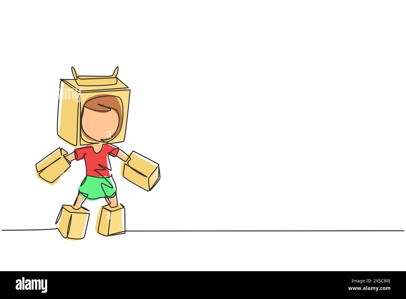 Durchgehende eine Linie Zeichnung niedliches Mädchen Spiel Karton Kampfroboter Anzug, Cosplay weibliches Kind Unterhaltung Roboter Kostüm. Kinder kreativ Imagine ID Stock Vektor