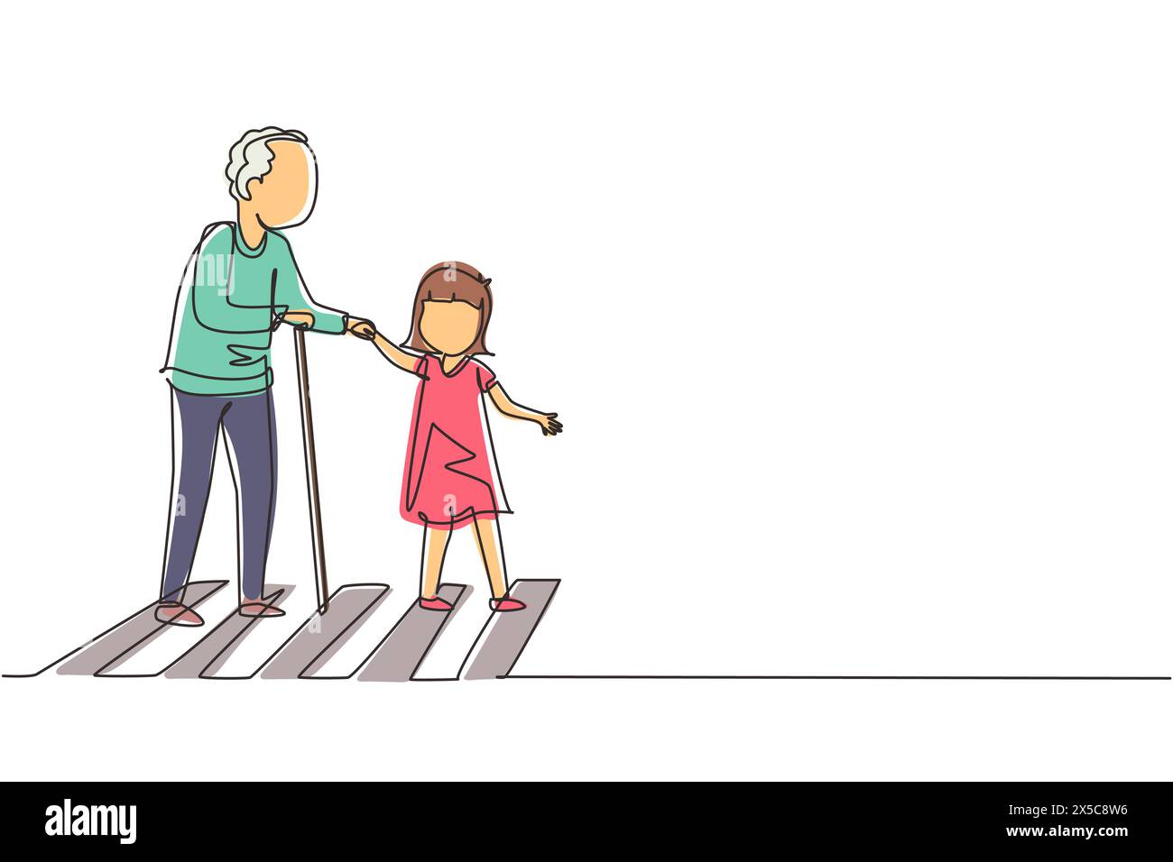 Eine einzelne durchgehende Linie zeichnet höfliches Mädchen, das Großvater hilft, die Straße zu überqueren. Höflicher, netter Junge, der den alten Mann über die Straße nimmt und Hand hält. Manieren A Stock Vektor