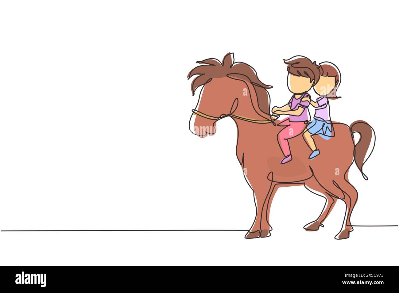 Eine durchgehende Linie zeichnet glückliche süße Jungen und Mädchen, die gemeinsam auf einem Pferd reiten. Kinder sitzen auf einem Pferd mit Sattel im Ranch Park. Kinder lernen Stock Vektor
