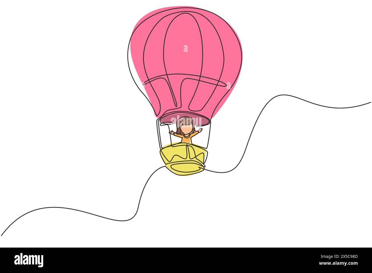 Eine durchgehende Linie, die ein kleines Mädchen im Heißluftballon am Himmel zeichnet. Glückliches Kind, das im Heißluftballon fährt. Kinder im Heißluftballon Abenteuer Stock Vektor