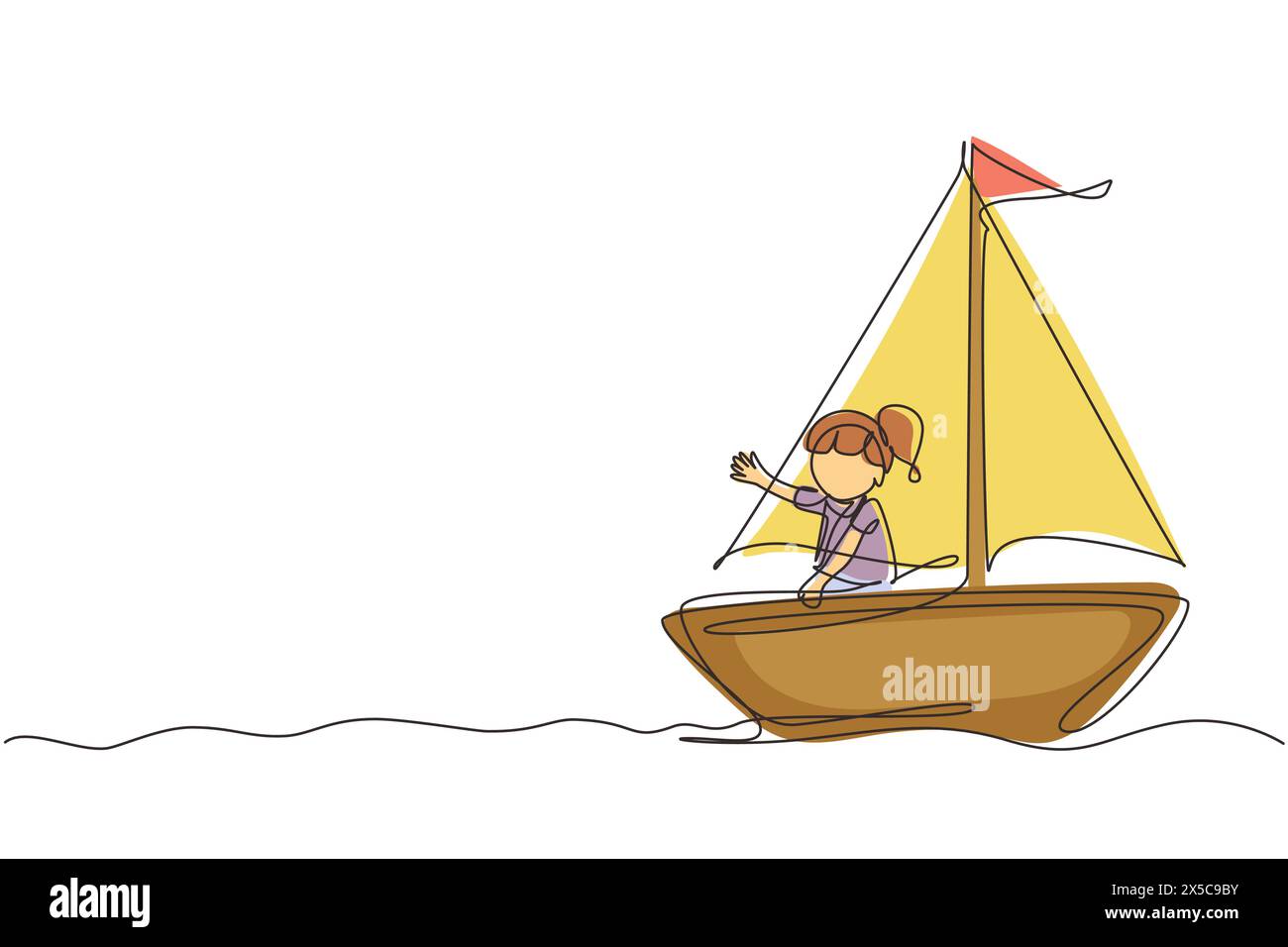 Eine einzelne durchgehende Linienzeichnung lächelndes kleines Mädchen im Segelboot. Glückliche Kinder, Segelboote. Süße kleine Kinder auf dem Boot. Fröhliche Abenteuer und Reisen. Stock Vektor