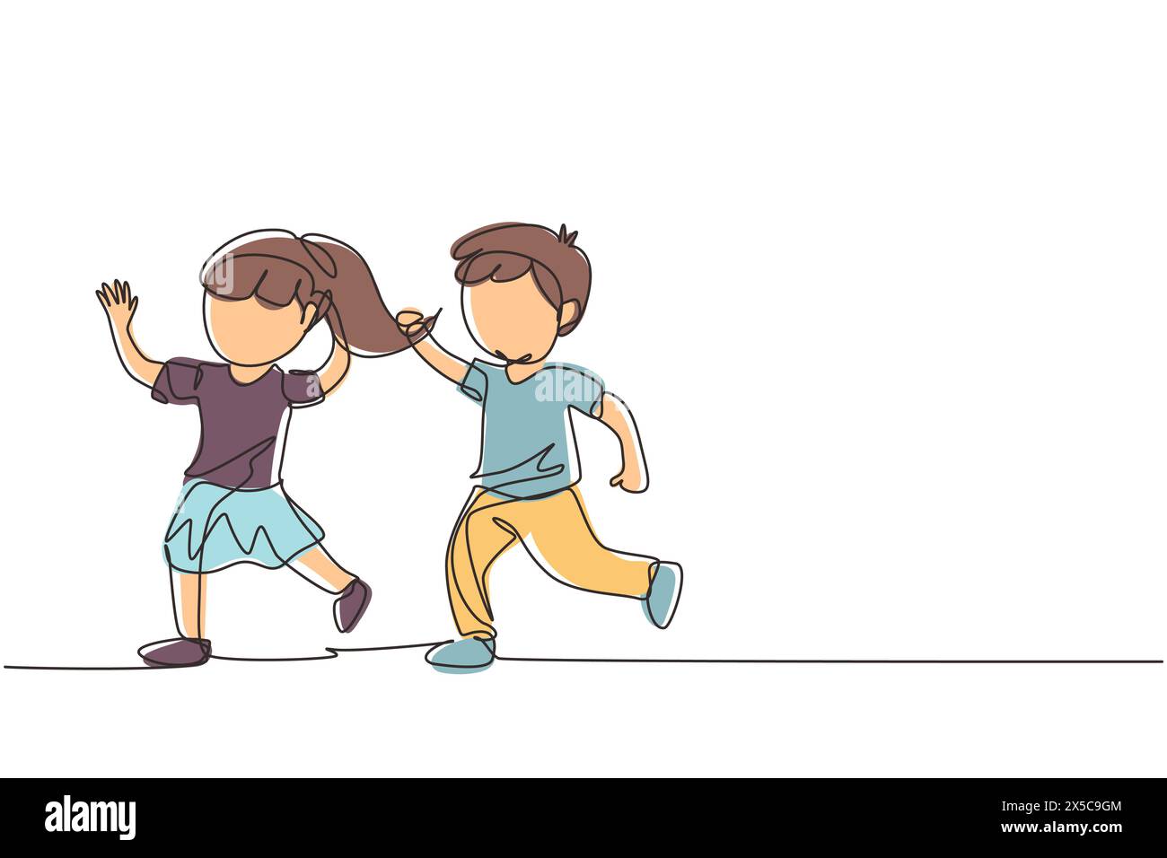 Einzelne durchgehende Linienzeichnung, die Kinder mobbt. Wütender Junge, der Mädchen die Haare zieht. Sie sieht aus wie Schock und Schmerz. Zum Problem des körperlichen Mobbings in der Schule. O Stock Vektor