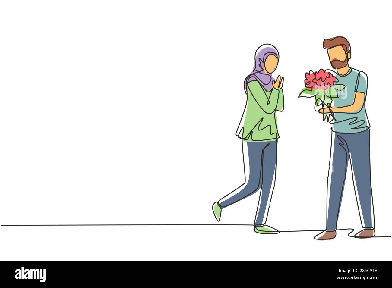 Durchgehend eine Linie zeichnet ein arabischer Mann, der eine Ehe mit einer Frau mit Blumenstrauß anbietet. Der Junge überrascht sein Mädchen und gibt Blumen. Engagement und Liebe Stock Vektor
