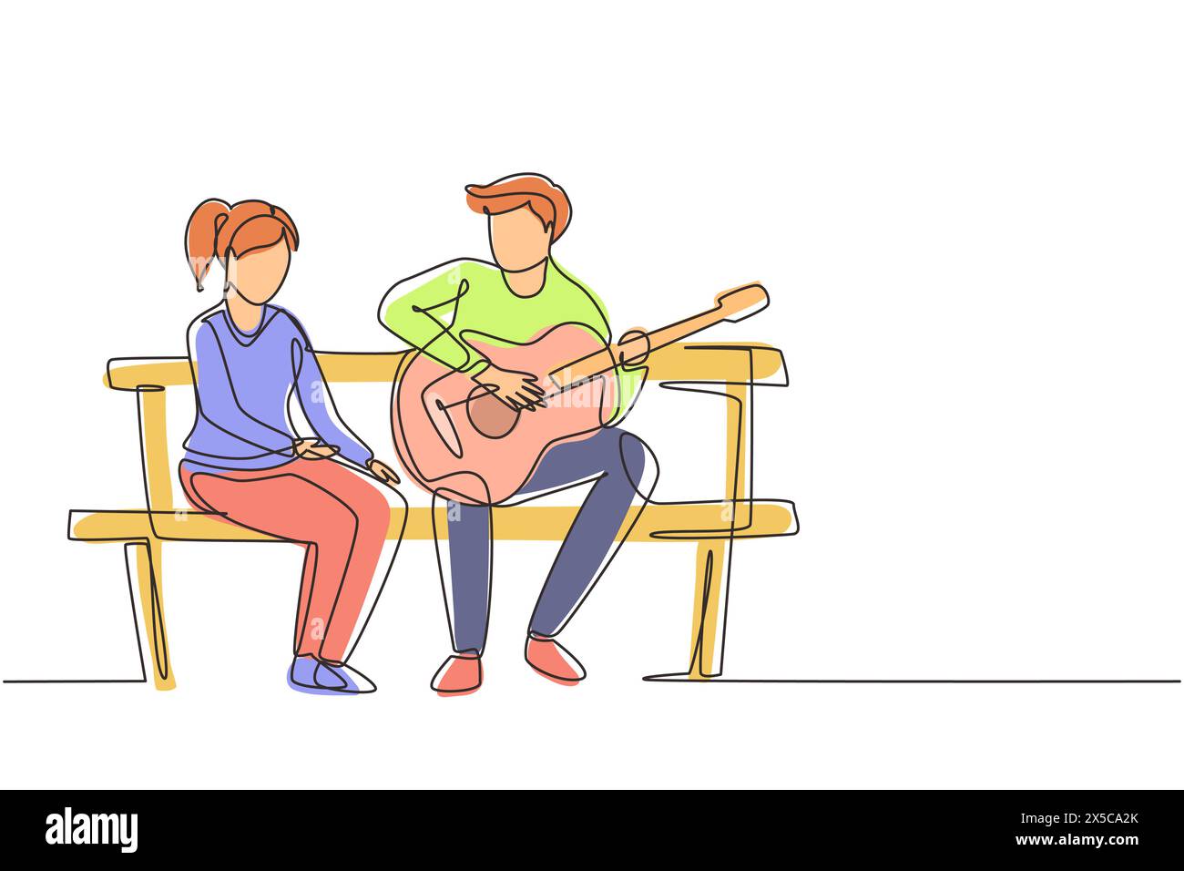 Einzelne, durchgehende Linien zeichnen Menschen, die auf einer Holzbank im Park sitzen. Ein Paar mit einem Date, ein Mann spielt Musik auf der Gitarre, ein Mädchen hört zu und singt zusammen. Stock Vektor