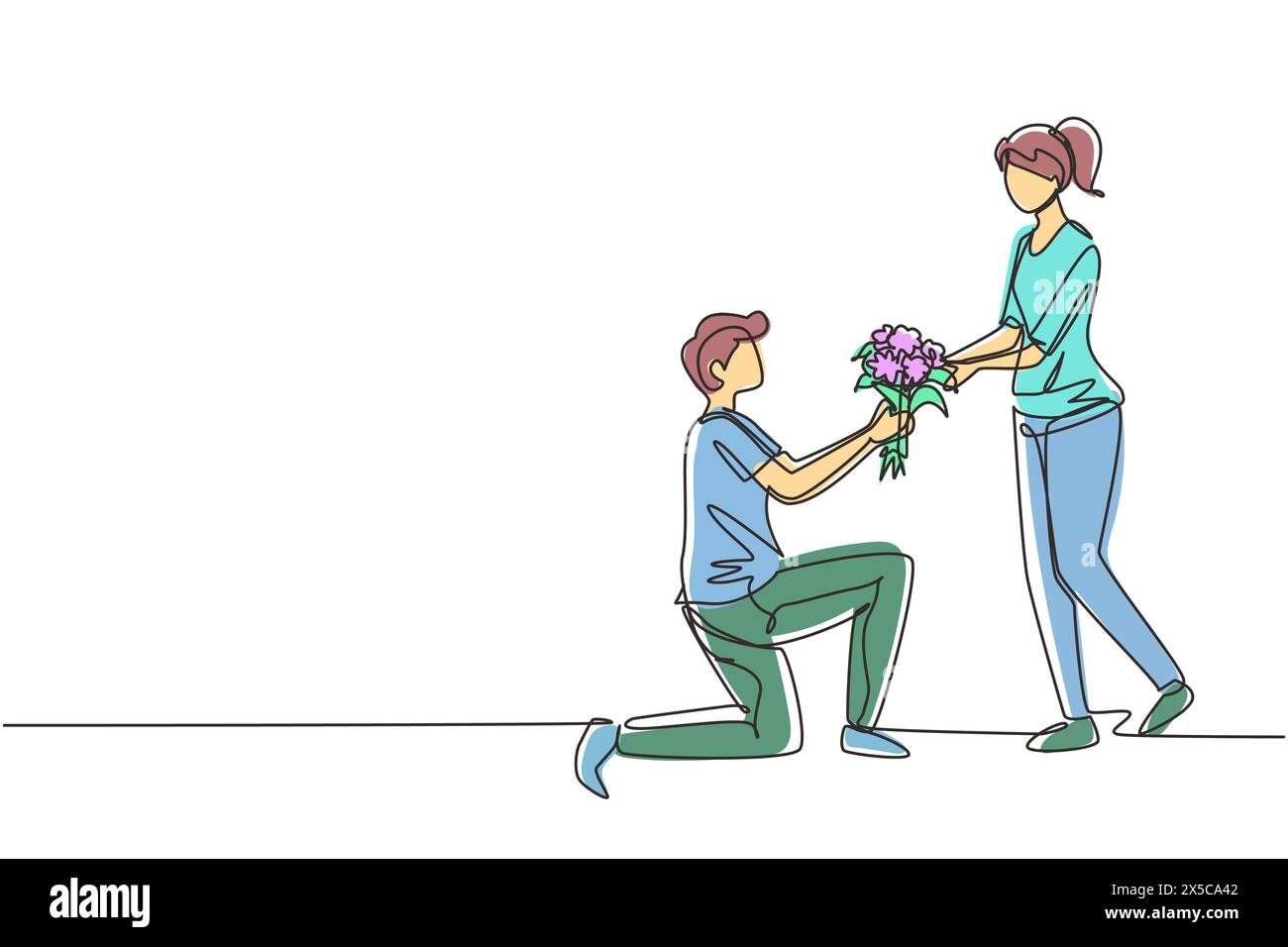 Eine einzige Linie, der Mann auf dem Knie zeichnet und der Frau einen Heiratsantrag mit Blumenstrauß macht. Junge verliebt, der Blumen schenkt. Glückliches Paar, das sich auf die Hochzeit vorbereitet Stock Vektor