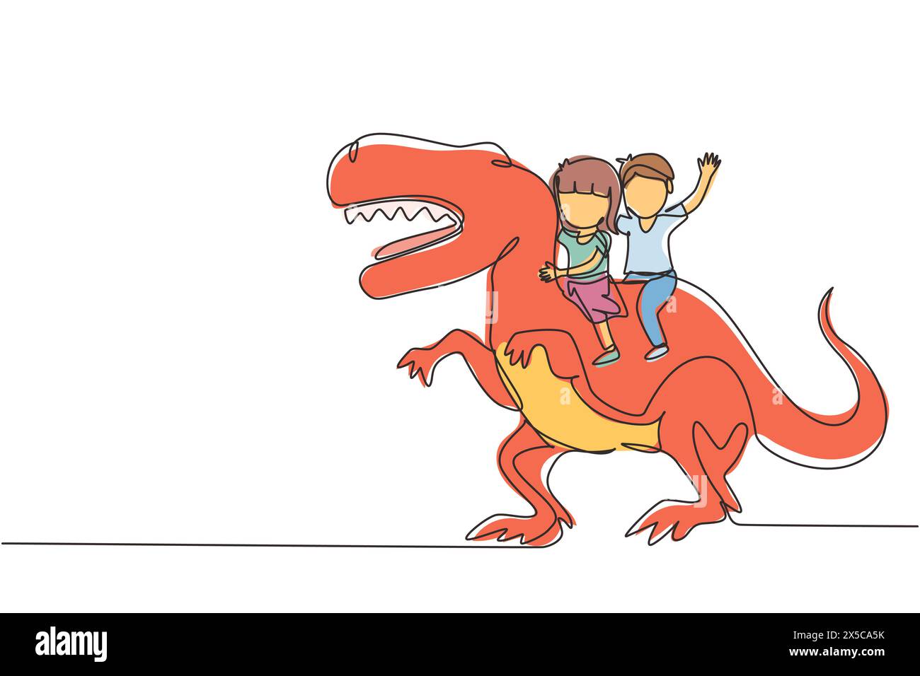 Durchgehende einzeilige Zeichnung Junge und Mädchen Höhlenmensch reitend T-rex tyrannosaurus zusammen. Kinder sitzen auf dem Rücken des Dinosauriers. Steinzeitkinder. Das antike hu Stock Vektor