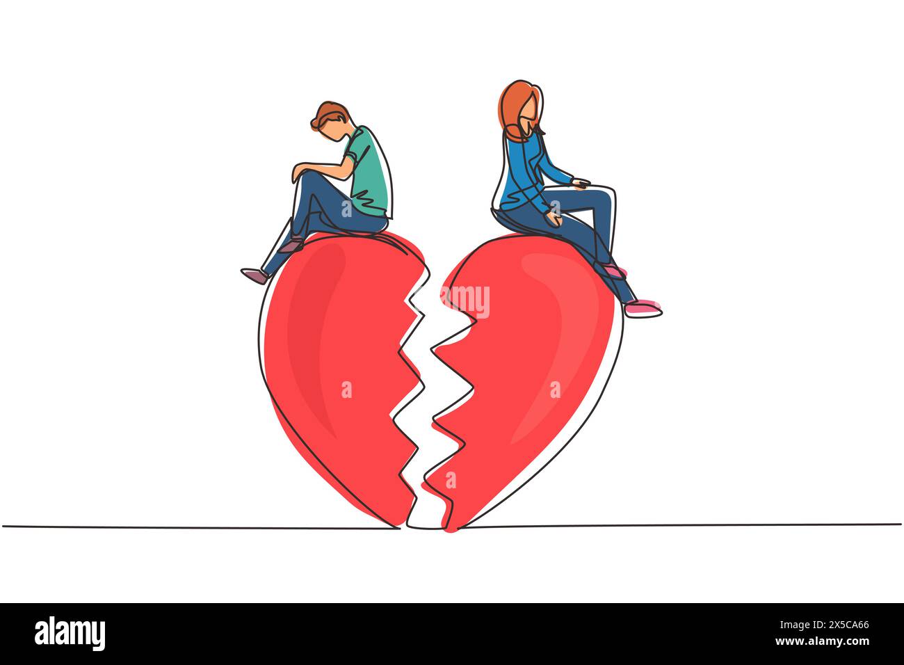 Eine Beziehung zwischen einer kontinuierlichen Linienzeichnung bricht zusammen, gebrochenes Herz, Paar zeigt entgegengesetzte Richtung. Ein Paar sitzt auf einer großen gebrochenen Herzform. Dynami Stock Vektor