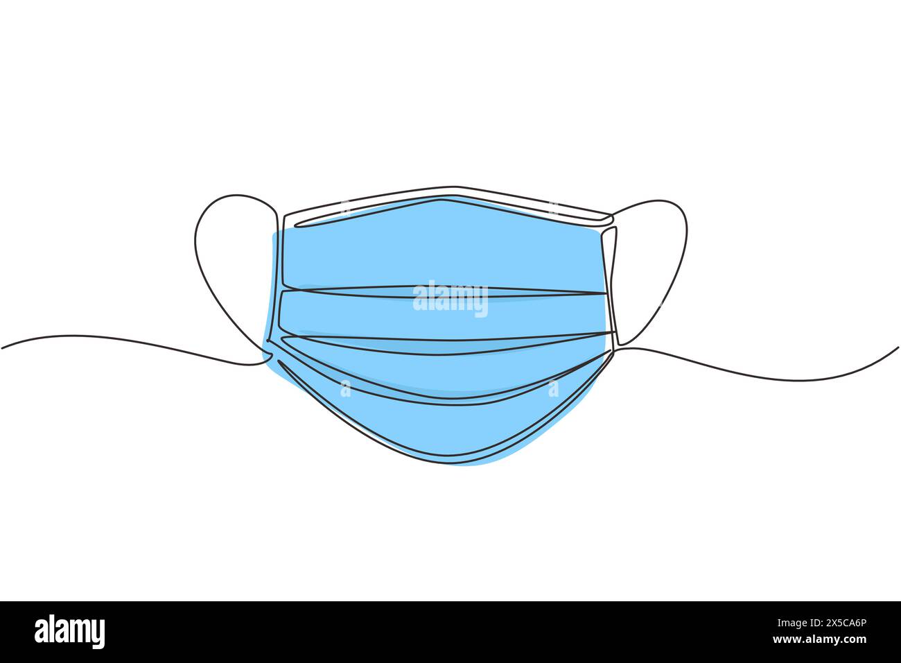 Einzelne durchgehende Linienzeichnung chirurgische Gesichtsmaske. Medizinische Schutzmasken. Corona Virusschutzmaske mit Ohrbügel, vorne, dreilagig. Dynami Stock Vektor