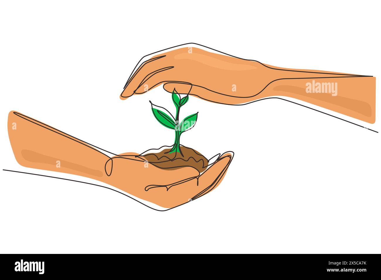 Eine einzige Zeile zeichnet neues Leben in jungen Händen auf weißem Hintergrund. Weiblicher Handbaum auf Naturrasen Waldschutzkonzept. Konti Stock Vektor