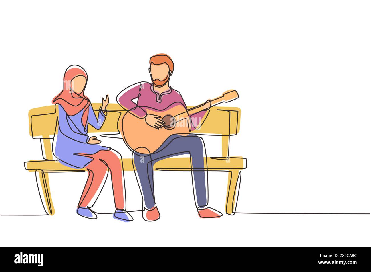 Eine durchgehende Linie zeichnet arabische Leute, die auf einer Holzbank im Park sitzen. Ein Paar mit Verabredung, ein Mann spielt Musik auf der Gitarre, ein Mädchen hört zu und singt Stock Vektor