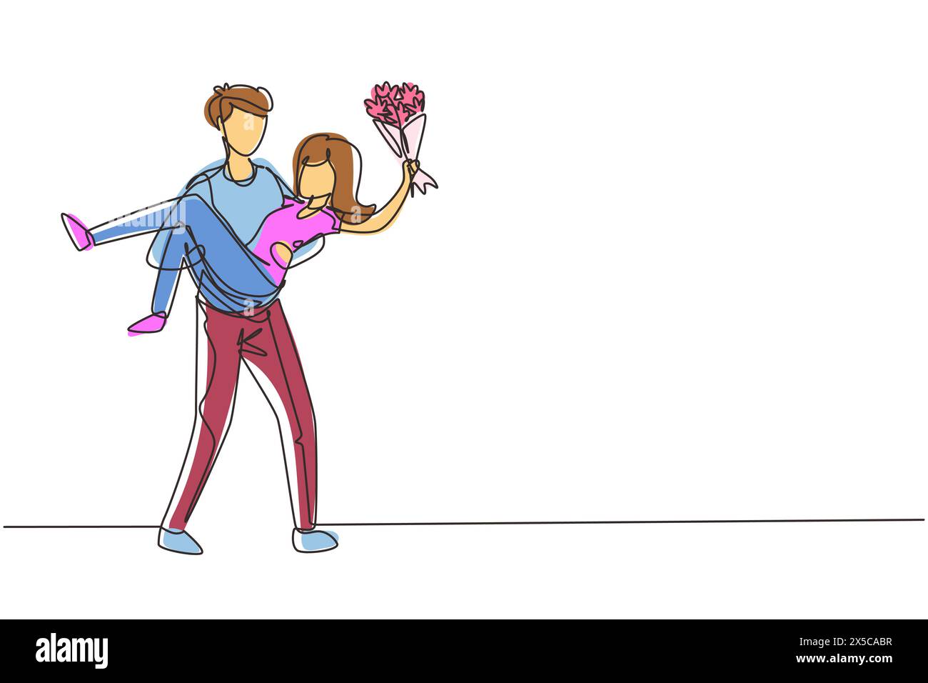 Ein einziger Mann, der eine Frau hält und einen Heiratsantrag mit Blumenstrauß macht. Junge verliebt, der Blumen schenkt. Glückliches Paar, das sich auf die Hochzeit vorbereitet Stock Vektor
