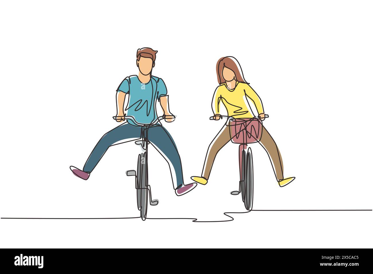 Durchgehende eine Linie zeichnet glückliches, lustiges junges Paar, das auf dem Fahrrad fährt. Romantisches Teenager-Paar fährt Fahrrad. Junger Mann und Frau verliebt. Glücklich verheiratet Stock Vektor