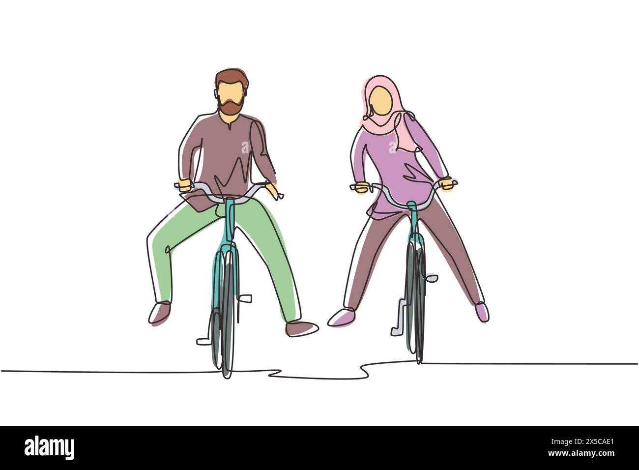 Durchgehende Linie, die lustige junge arabische Paare auf dem Fahrrad zeichnet. Romantisches Teenager-Paar fährt Fahrrad. Junger Mann und Frau verliebt. Glückliche Ehe Stock Vektor