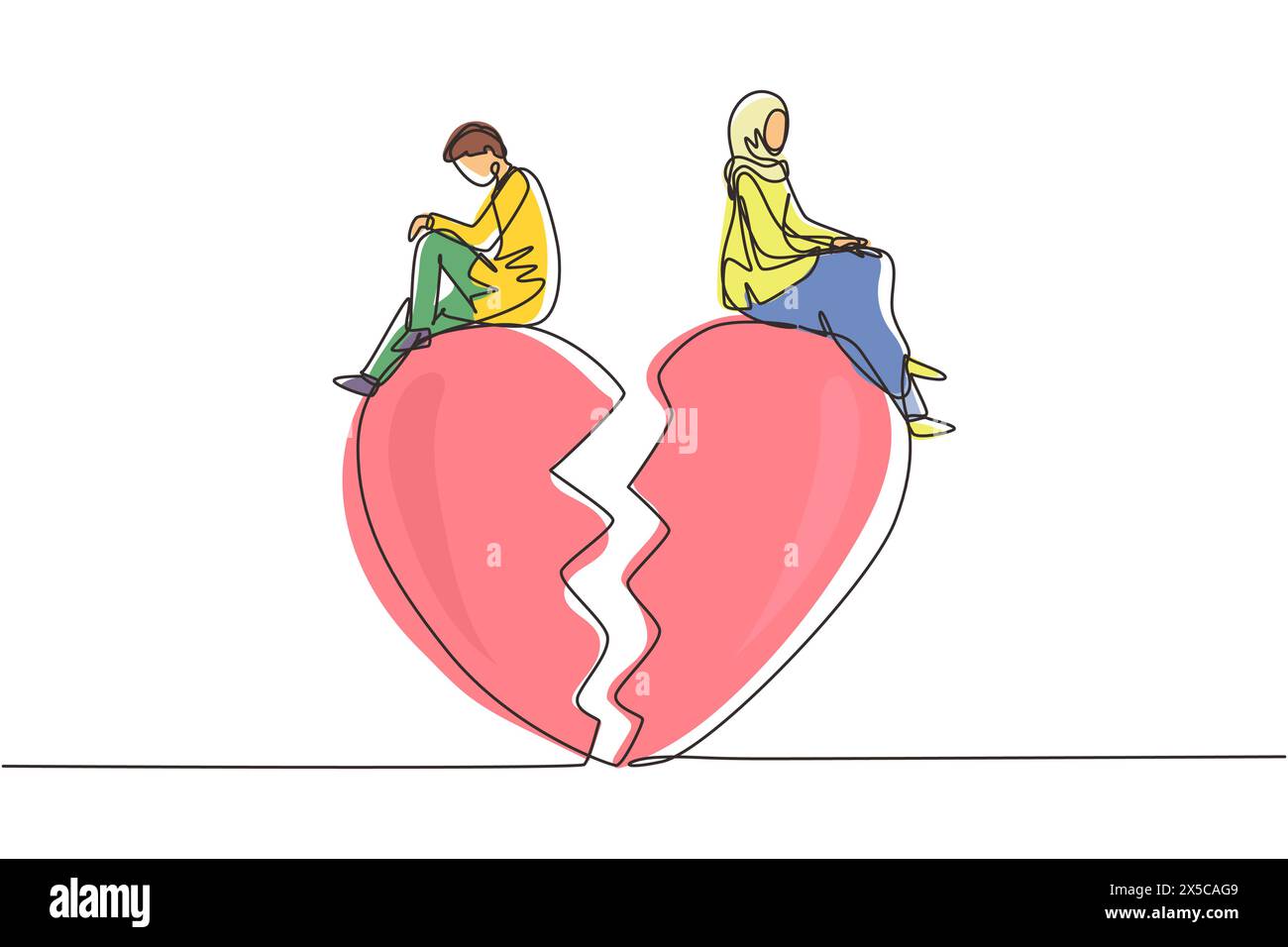 Eine kontinuierliche Zeichnungsbeziehung bricht zusammen, gebrochenes Herz, Paarung in entgegengesetzter Richtung. Ein arabisches Paar sitzt auf einer großen gebrochenen Herzform. S Stock Vektor