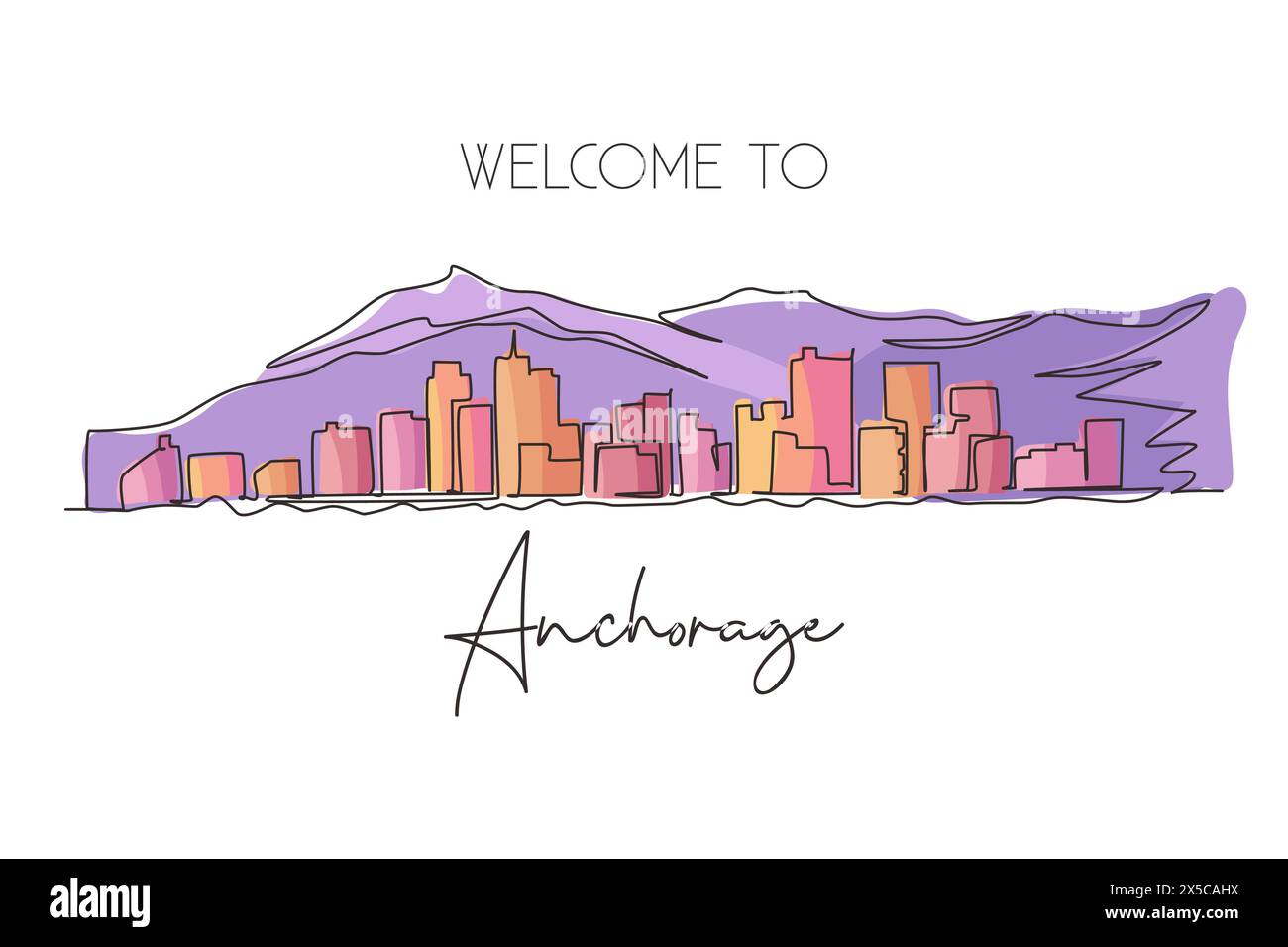 Eine Linie zeichnet die Skyline von Anchorage, Alaska. Berühmte Stadt für Wanddekorationen. Das beste Reiseziel der Urlaubswelt. Bearbeitbare konti Stock Vektor