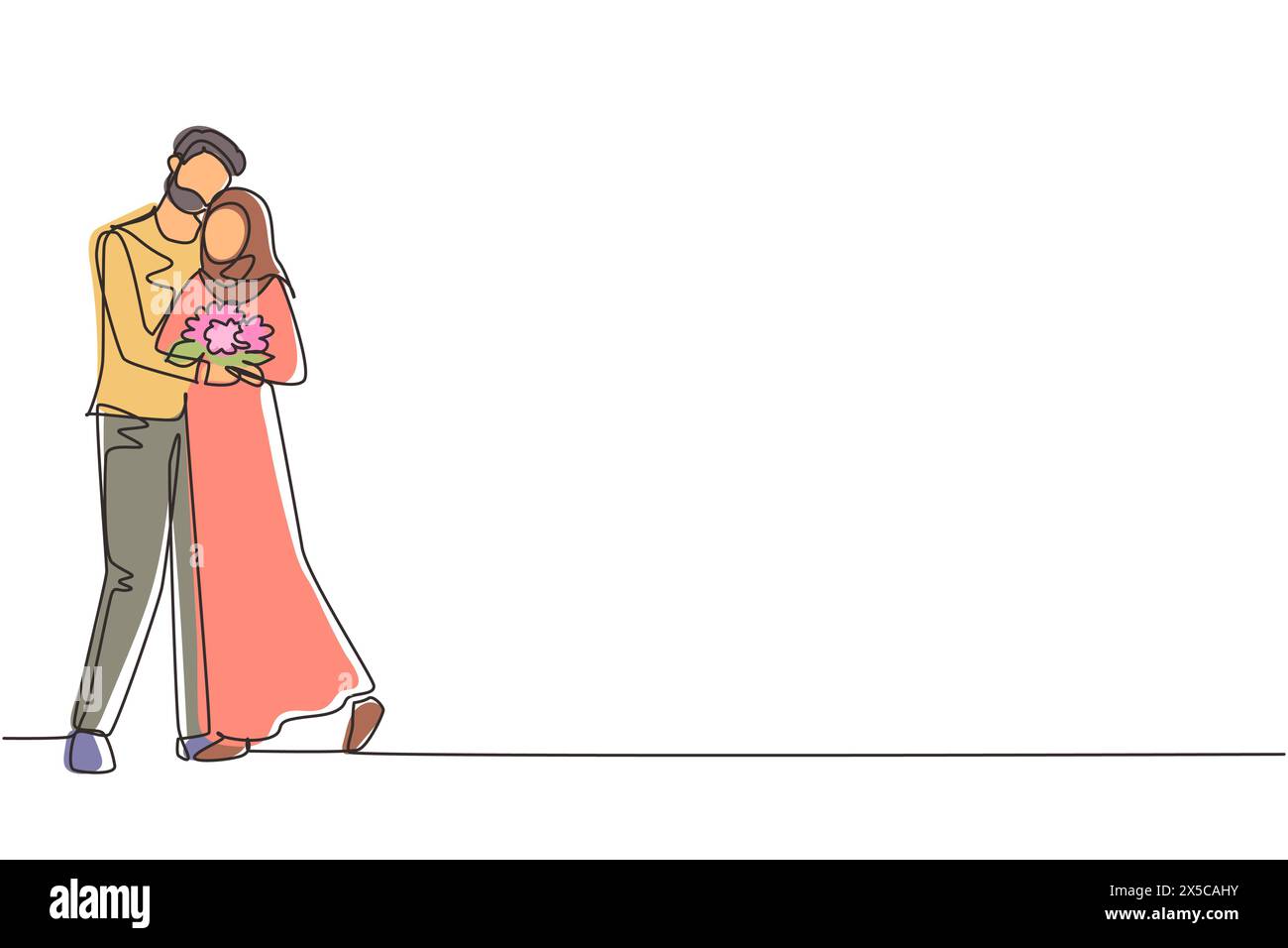 Ein einziger arabischer Mann gibt Blumen an die Frau und umarmt sie. Junger Mann, der der Frau einen Blumenstrauß gibt. Glückliches romantisches Paar i Stock Vektor