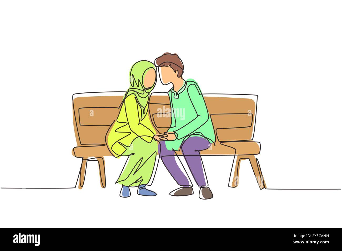 Durchgehende, einzeilige Zeichnung, die ein arabisches Paar küsst. Junger Mann und Frau von Angesicht zu Angesicht auf der Parkbank sitzen und lustig küssen. Romantisches Paar mit mir Stock Vektor